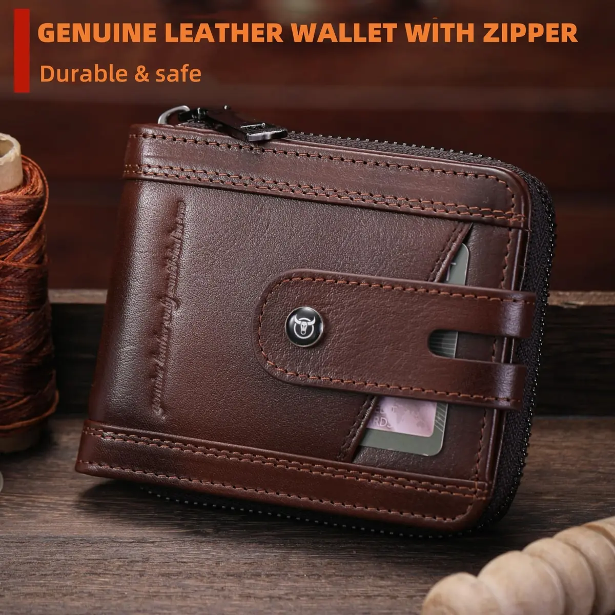 BULLCAPTAIN Genuine Leather Men's RFID Blocking Bifold Wallet T23 Coffee | 14 Card Slots, Zipper Coin Pocket, USA Import - view 2
