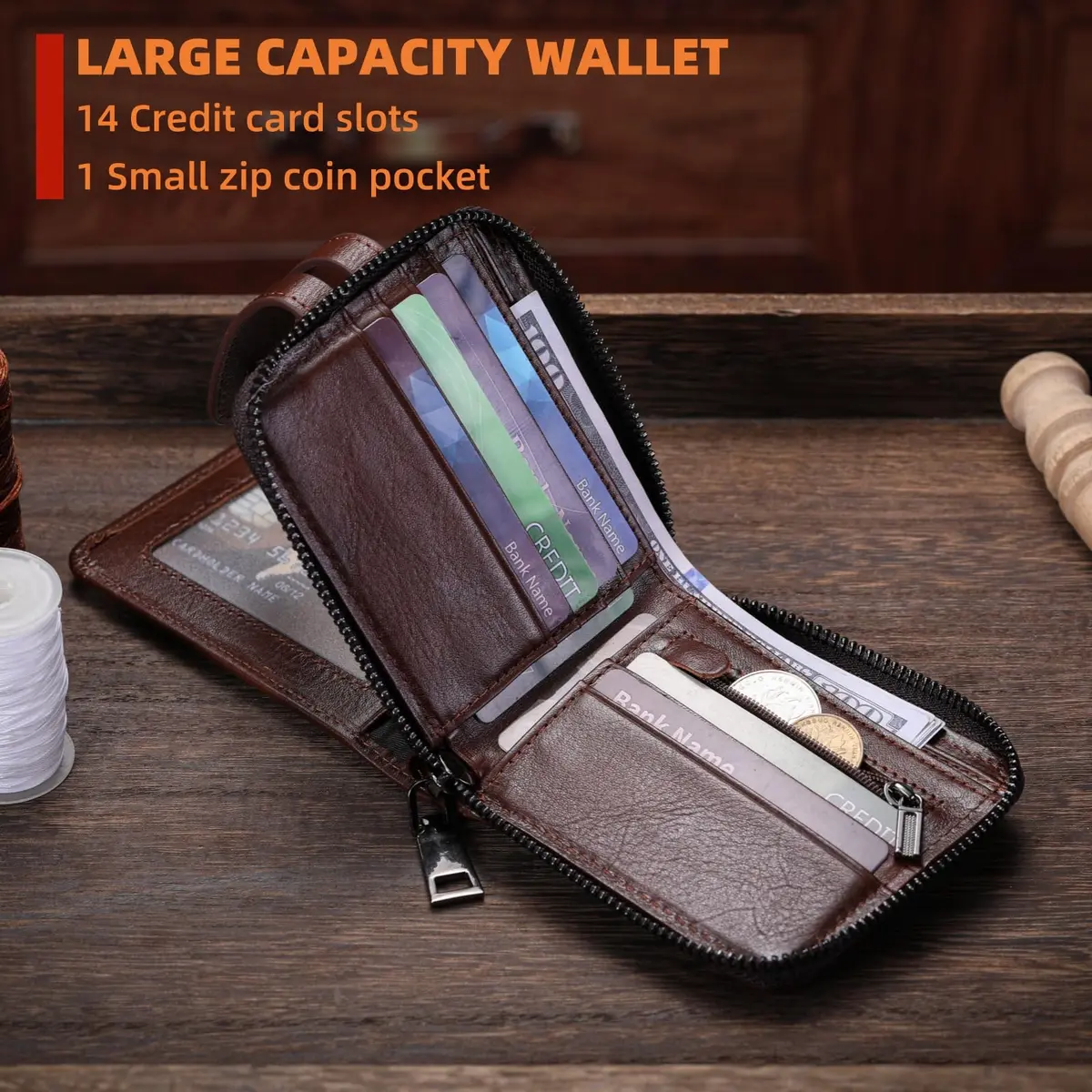 BULLCAPTAIN Genuine Leather Men's RFID Blocking Bifold Wallet T23 Coffee | 14 Card Slots, Zipper Coin Pocket, USA Import - view 4