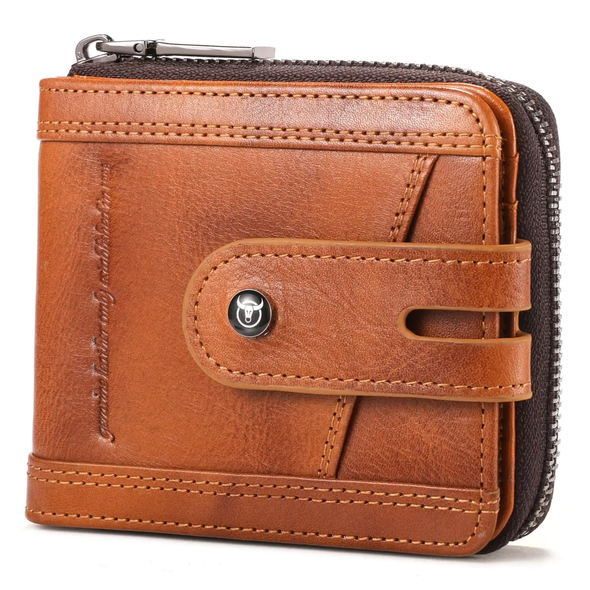 BULLCAPTAIN Genuine Leather Men's Wallet with Zipper T23 Brown | RFID Blocking Top-Grain Cowhide Bifold - main product image
