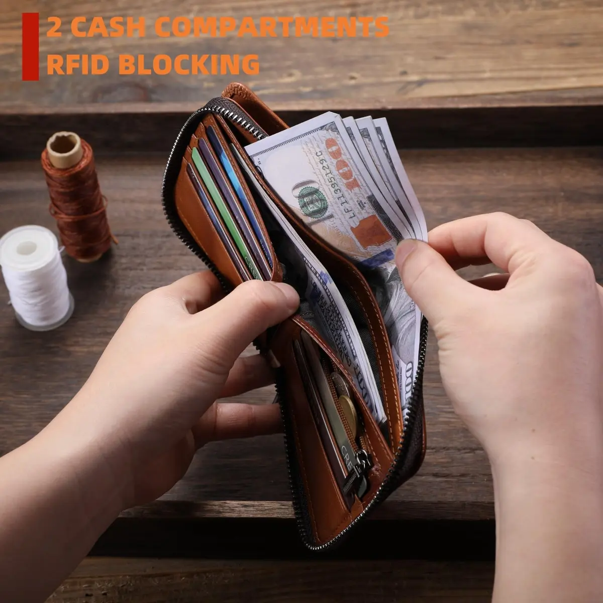 BULLCAPTAIN Genuine Leather Men's Wallet with Zipper T23 Brown | RFID Blocking Top-Grain Cowhide Bifold - view 5