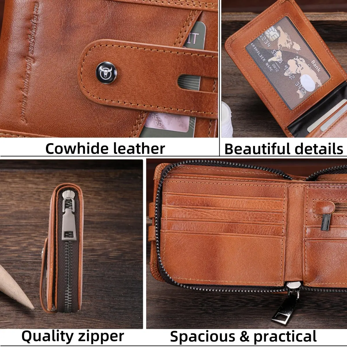 BULLCAPTAIN Genuine Leather Men's Wallet with Zipper T23 Brown | RFID Blocking Top-Grain Cowhide Bifold - view 6