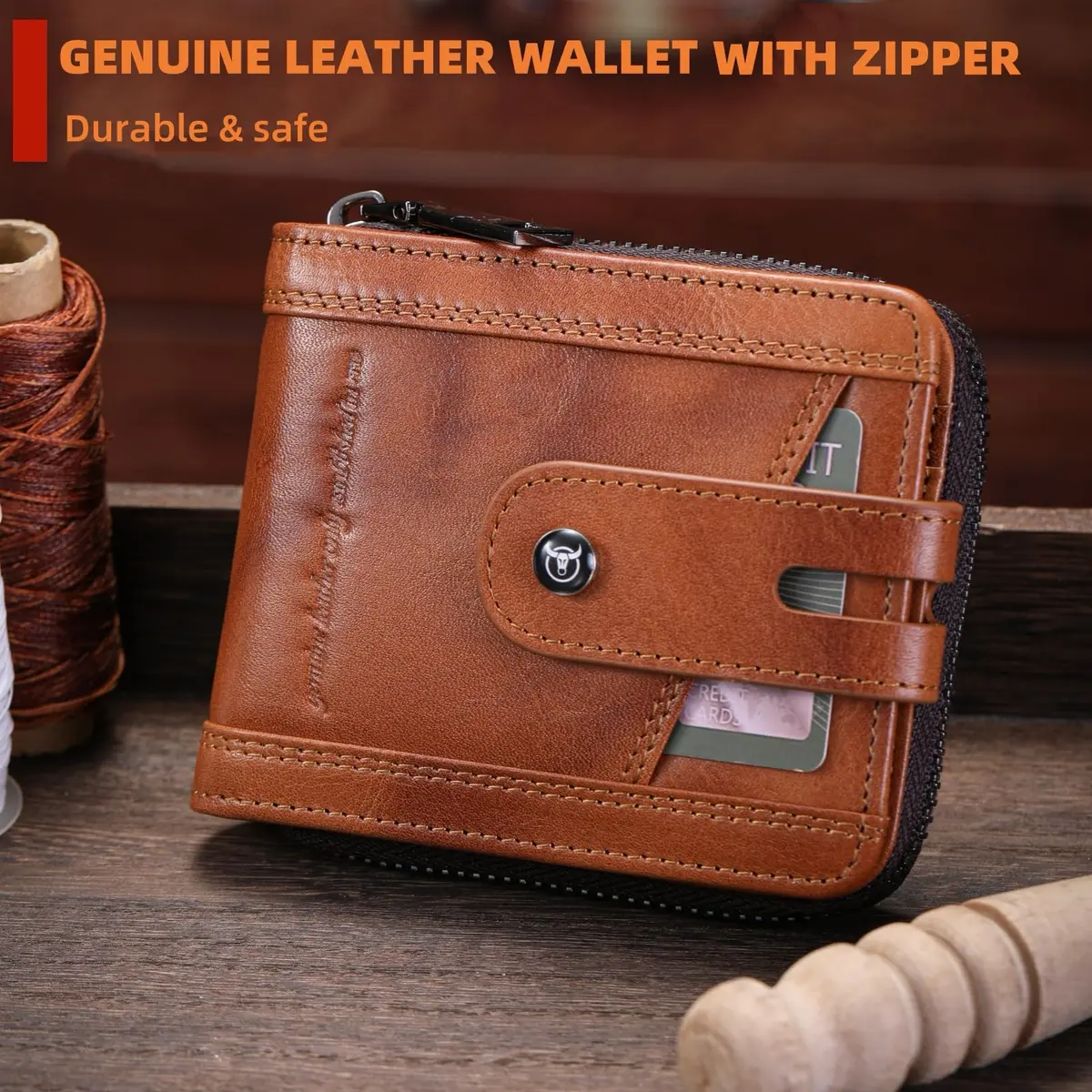 BULLCAPTAIN Genuine Leather Men's Wallet with Zipper T23 Brown | RFID Blocking Top-Grain Cowhide Bifold - view 2
