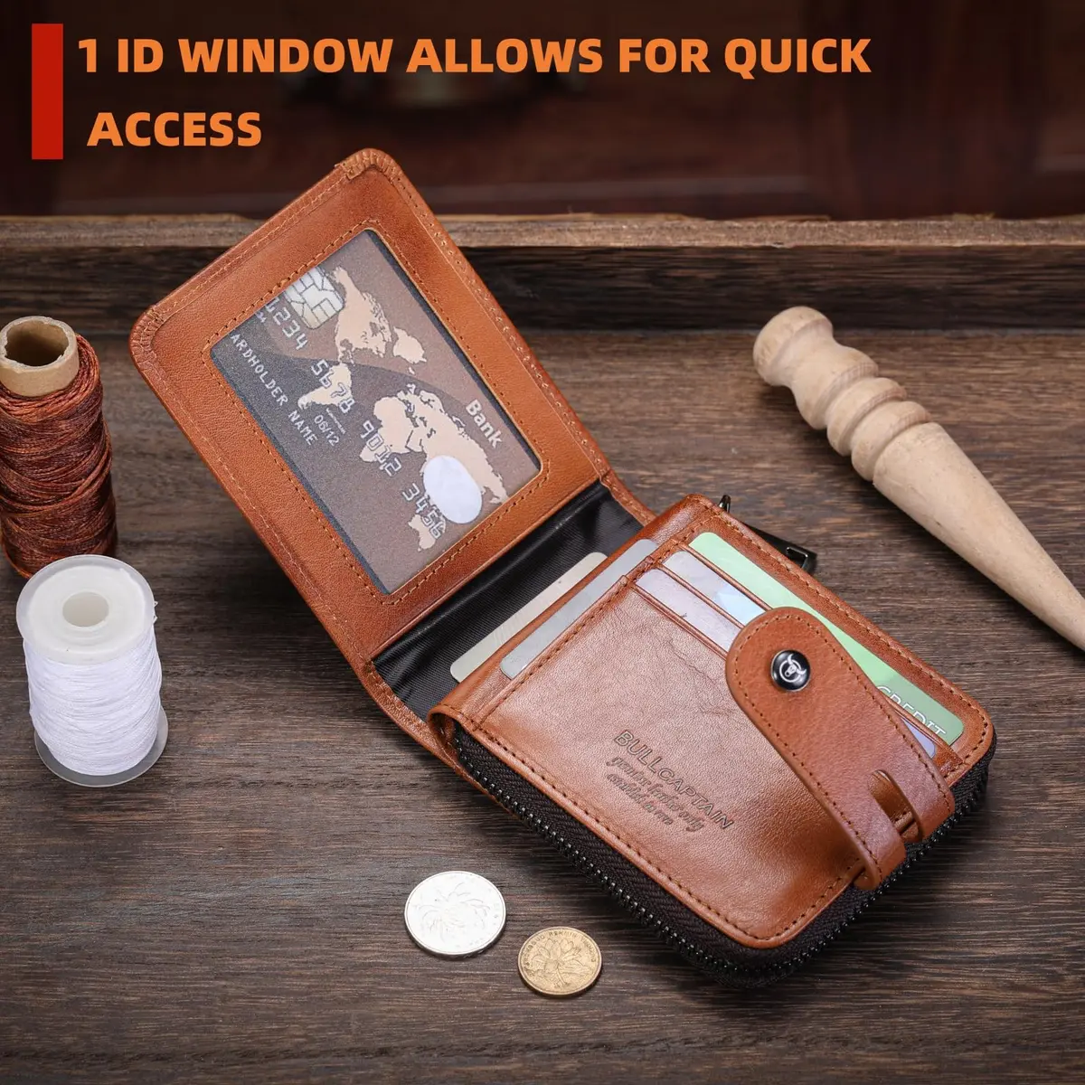 BULLCAPTAIN Genuine Leather Men's Wallet with Zipper T23 Brown | RFID Blocking Top-Grain Cowhide Bifold - view 3
