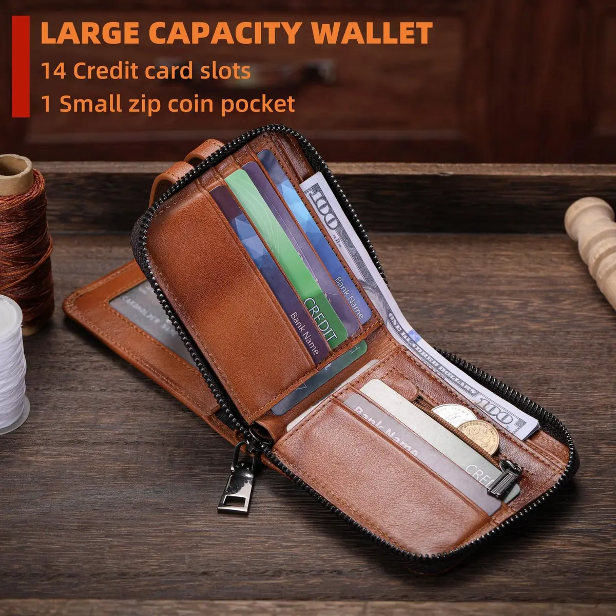 BULLCAPTAIN Genuine Leather Men's Wallet with Zipper T23 Brown | RFID Blocking Top-Grain Cowhide Bifold - view 4
