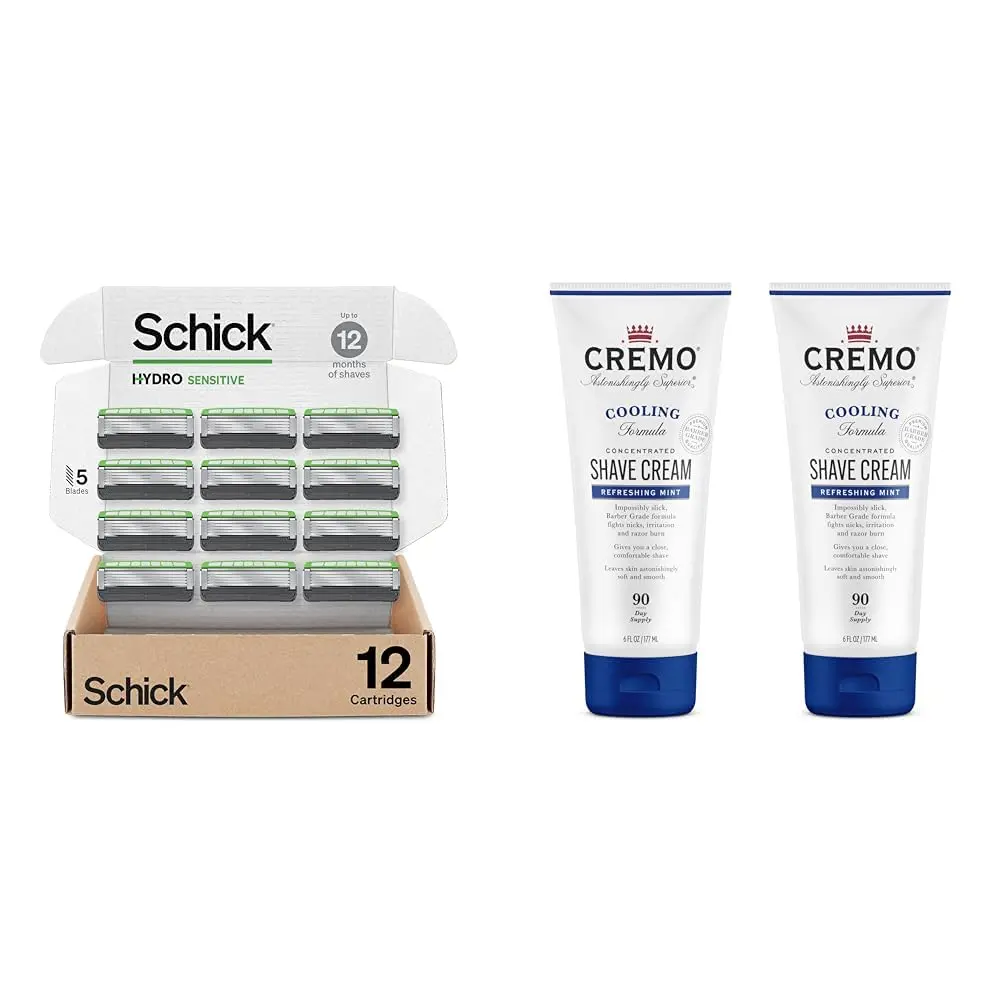 Schick Hydro Sensitive 12 Count Razor Refills & Cremo Cooling Shave Cream | Sensitive Skin Care (70-120 chars) - main product image