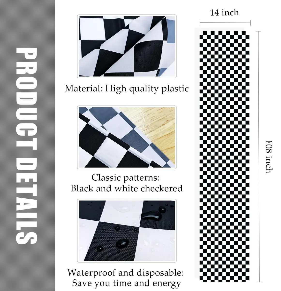 MUNILAIL 6 Pcs Checkered Plastic Table Runners Disposable 14 x 108 inch | Race Car Party Decor - view 2