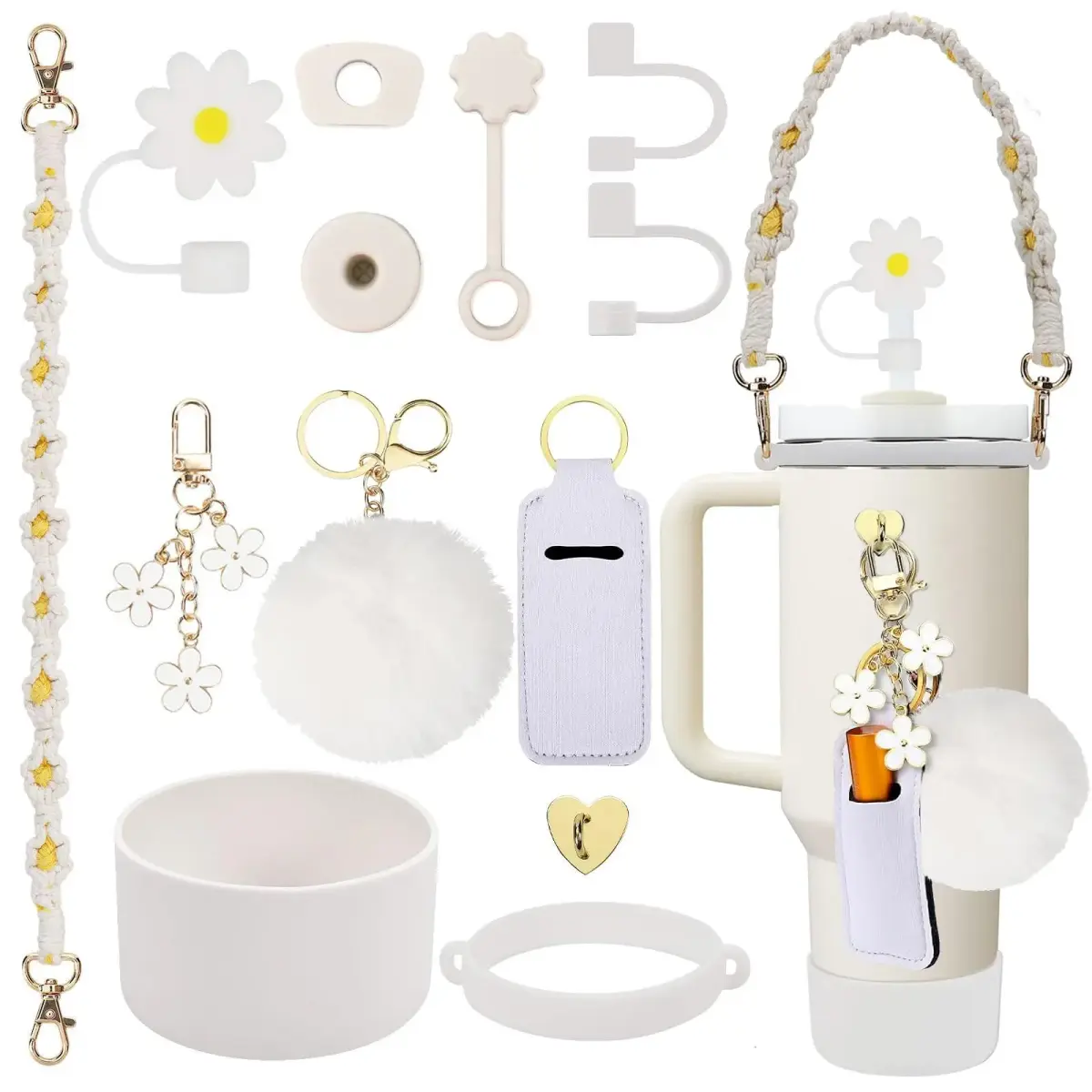 3tyto 13 Pcs Stanley Cup Accessories Set - White Bohemian Woven Handle Strap & Silicone Boot for 30oz & 40oz Tumblers - main product image