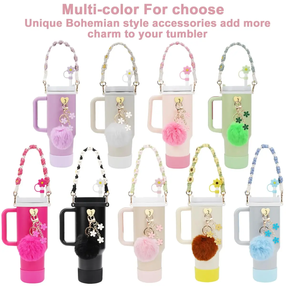 3tyto 13 Pcs Stanley Cup Accessories Set Pink | Bohemian Woven Handle Strap & Silicone Boot for 30oz & 40oz Tumblers - view 6