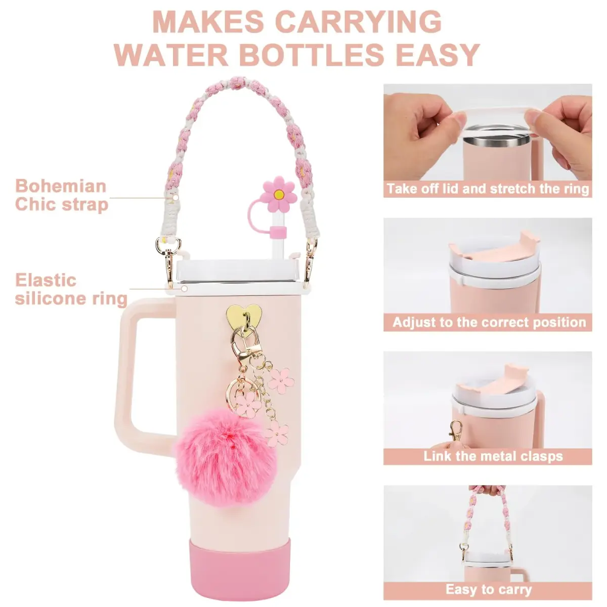 3tyto 13 Pcs Stanley Cup Accessories Set Pink | Bohemian Woven Handle Strap & Silicone Boot for 30oz & 40oz Tumblers - view 2