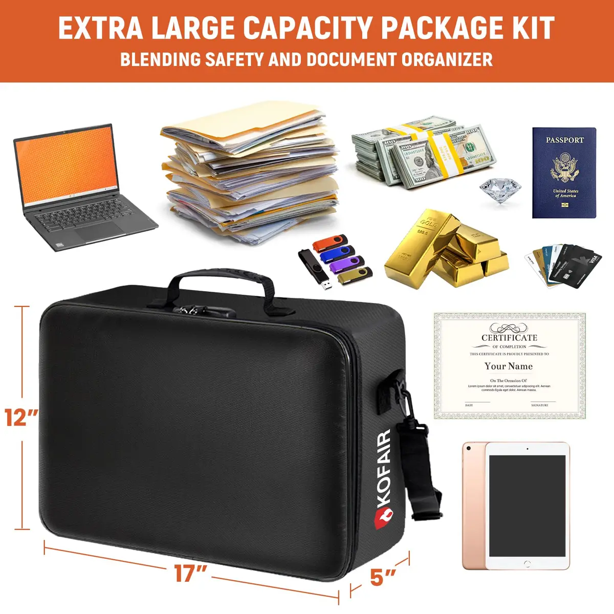 KOFAIR Fireproof Document Bag with Lock & Shoulder Strap 43 x 30 x 13 cm (17 x 12 x 5 inch) | SGS Certified UL94 VTM-0 - view 4