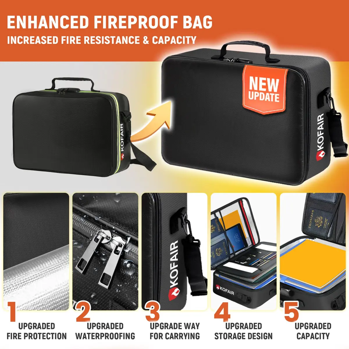 KOFAIR Fireproof Document Bag with Lock & Shoulder Strap 43 x 30 x 13 cm (17 x 12 x 5 inch) | SGS Certified UL94 VTM-0 - view 5