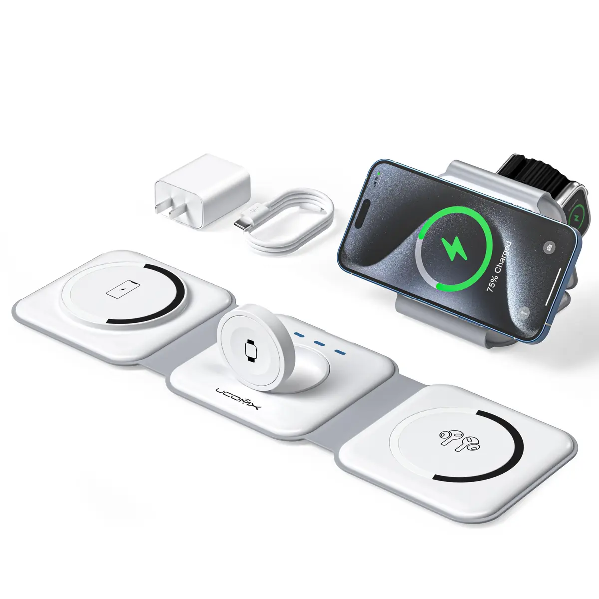 UCOMX 3 in 1 Wireless Charging Station Foldable for Multiple Devices | Travel Nano Charger with 35% Faster Speed - main product image