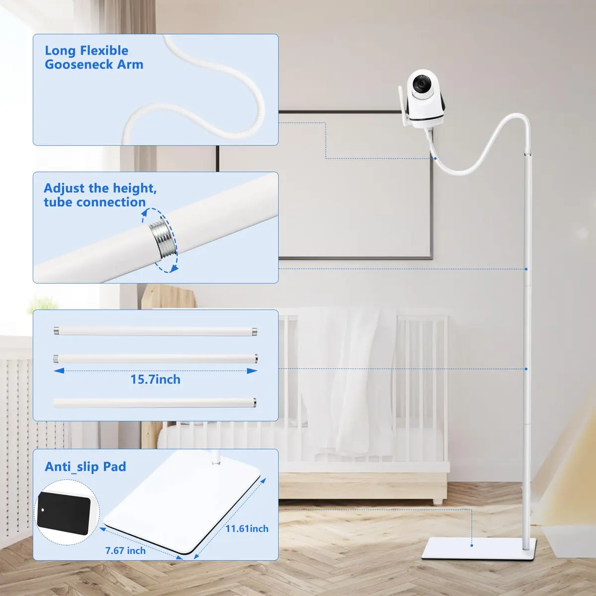 wochel Adjustable Baby Monitor Stand for Nanit Pro, Owlet, Eufy, Motorola, Vtech, HelloBaby, Infant Optics DXR-8 Pro, 1.7m (68 inches) | Universal Floor Mount Holder - view 7
