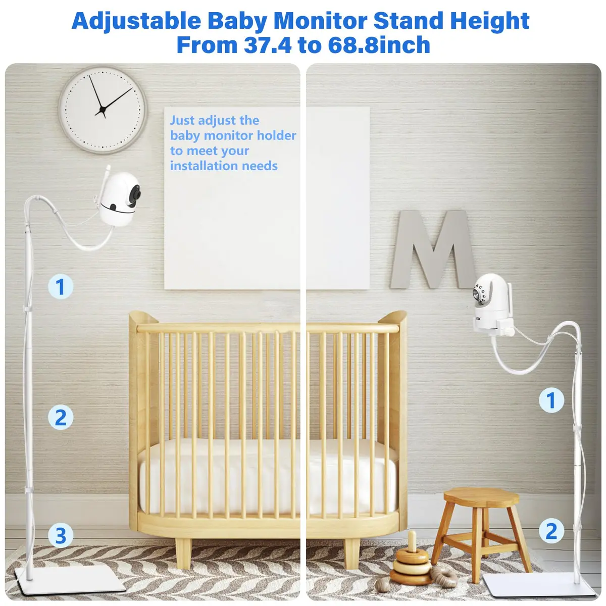 wochel Adjustable Baby Monitor Stand for Nanit Pro, Owlet, Eufy, Motorola, Vtech, HelloBaby, Infant Optics DXR-8 Pro, 1.7m (68 inches) | Universal Floor Mount Holder - view 4