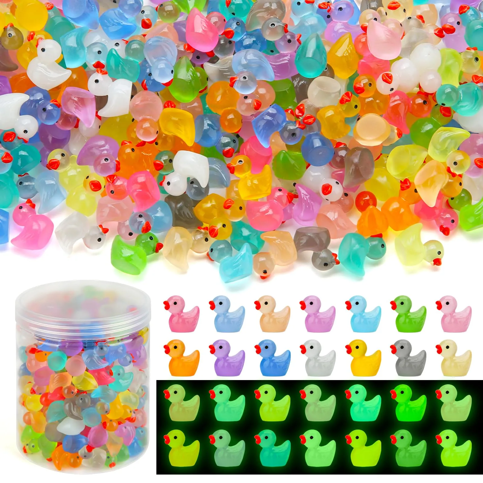 GWAHSA Luminous Mini Resin Ducks (240-Pack, Assorted Colors) | Tiny Glow-in-the-Dark Figurines for Crafts & Decor - main product image