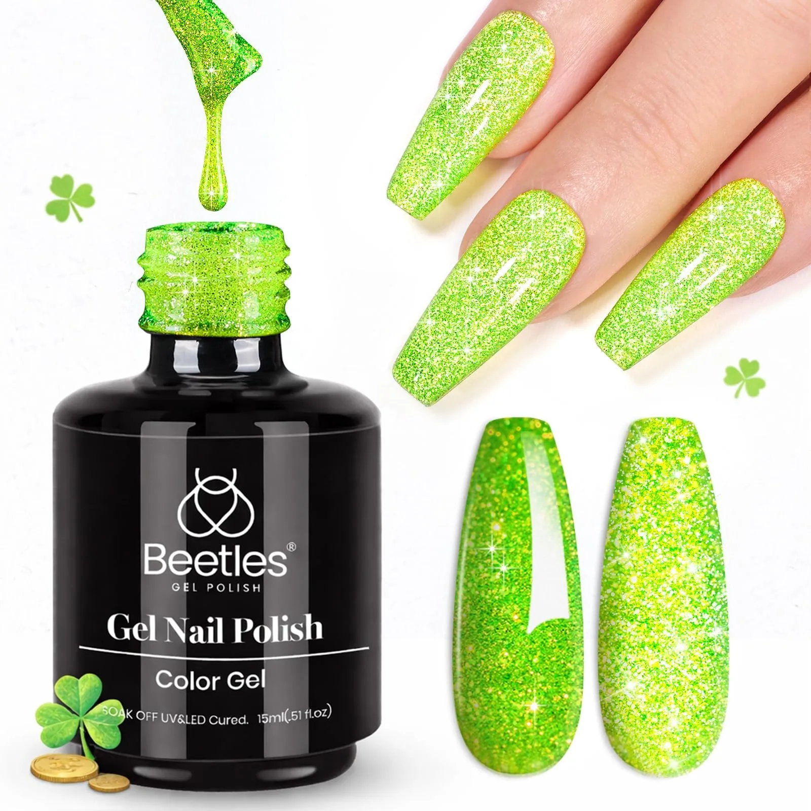 Beetles Green Glitter Gel Nail Polish, Reflective Lime Shock, 30ml (1 Fl Oz) | Soak Off UV LED Nail Art - main product image