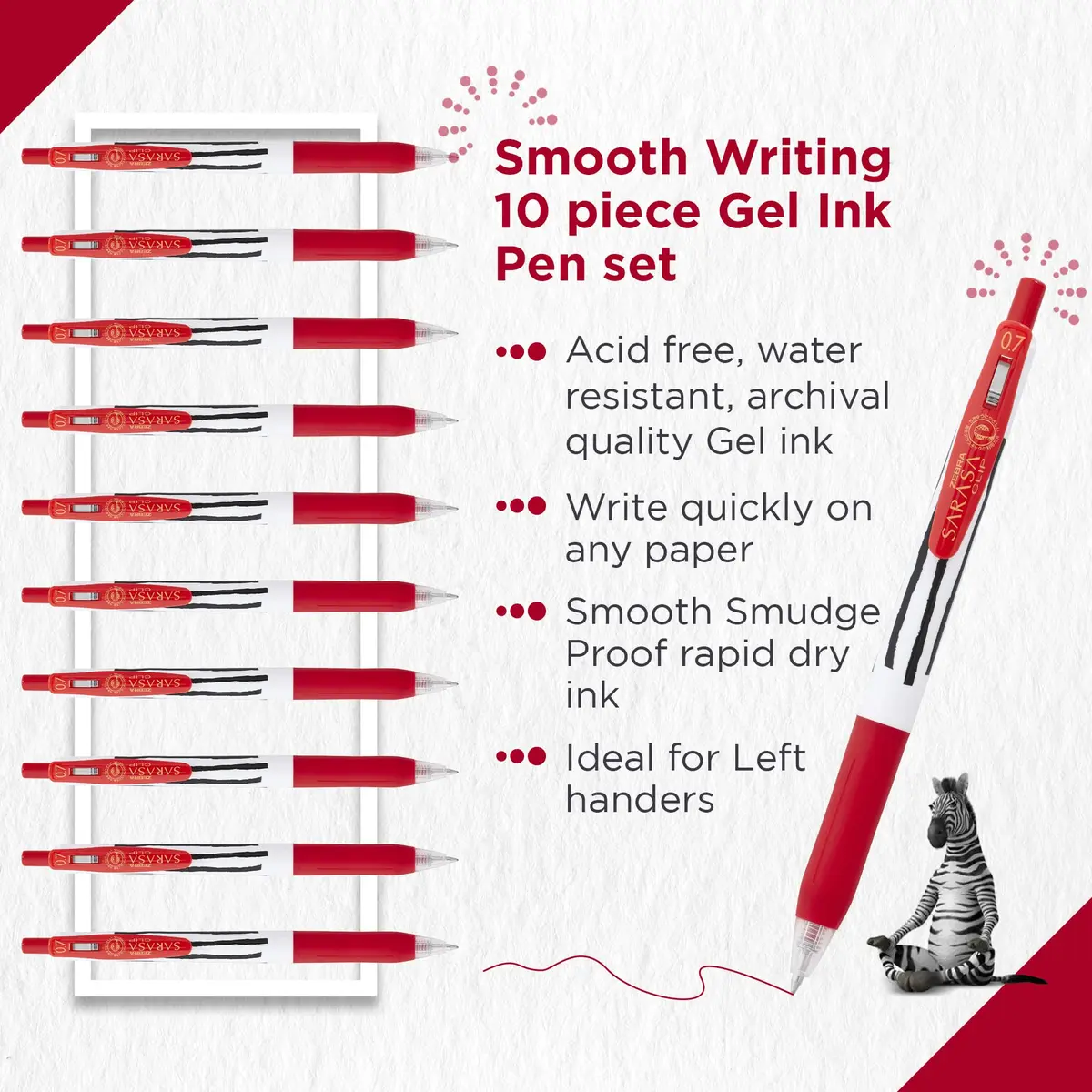 Zebra SARASA CLIP Stripes Gel Pens 10pk | Smudge Proof, 0.7mm Nib, Water Resistant, Eco-Friendly (70-120 chars) - view 3