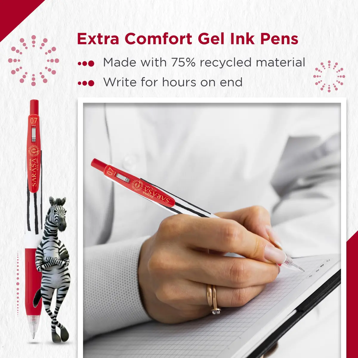 Zebra SARASA CLIP Stripes Gel Pens 10pk | Smudge Proof, 0.7mm Nib, Water Resistant, Eco-Friendly (70-120 chars) - view 4