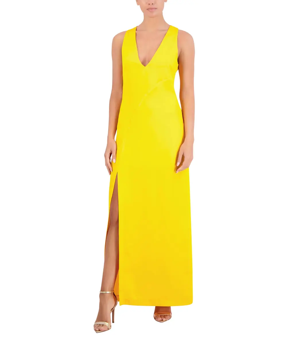 BCBG New York Women's Sleeveless V Neck Maxi Dress with Side Slit, Golden Rod, 4 | Elegant Occasion Wear - main product image