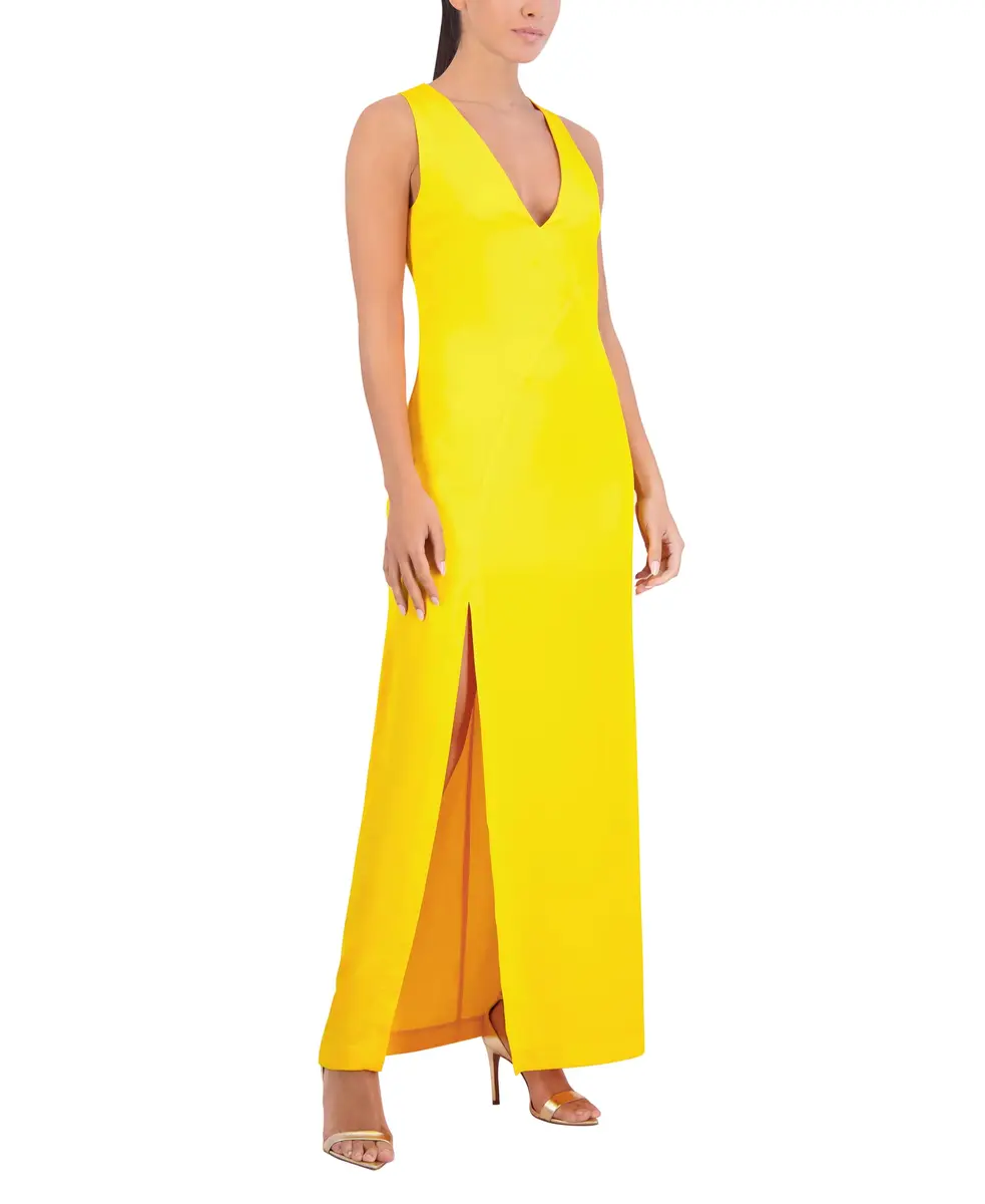 BCBG New York Women's Sleeveless V Neck Maxi Dress with Side Slit, Golden Rod, 4 | Elegant Occasion Wear - view 2