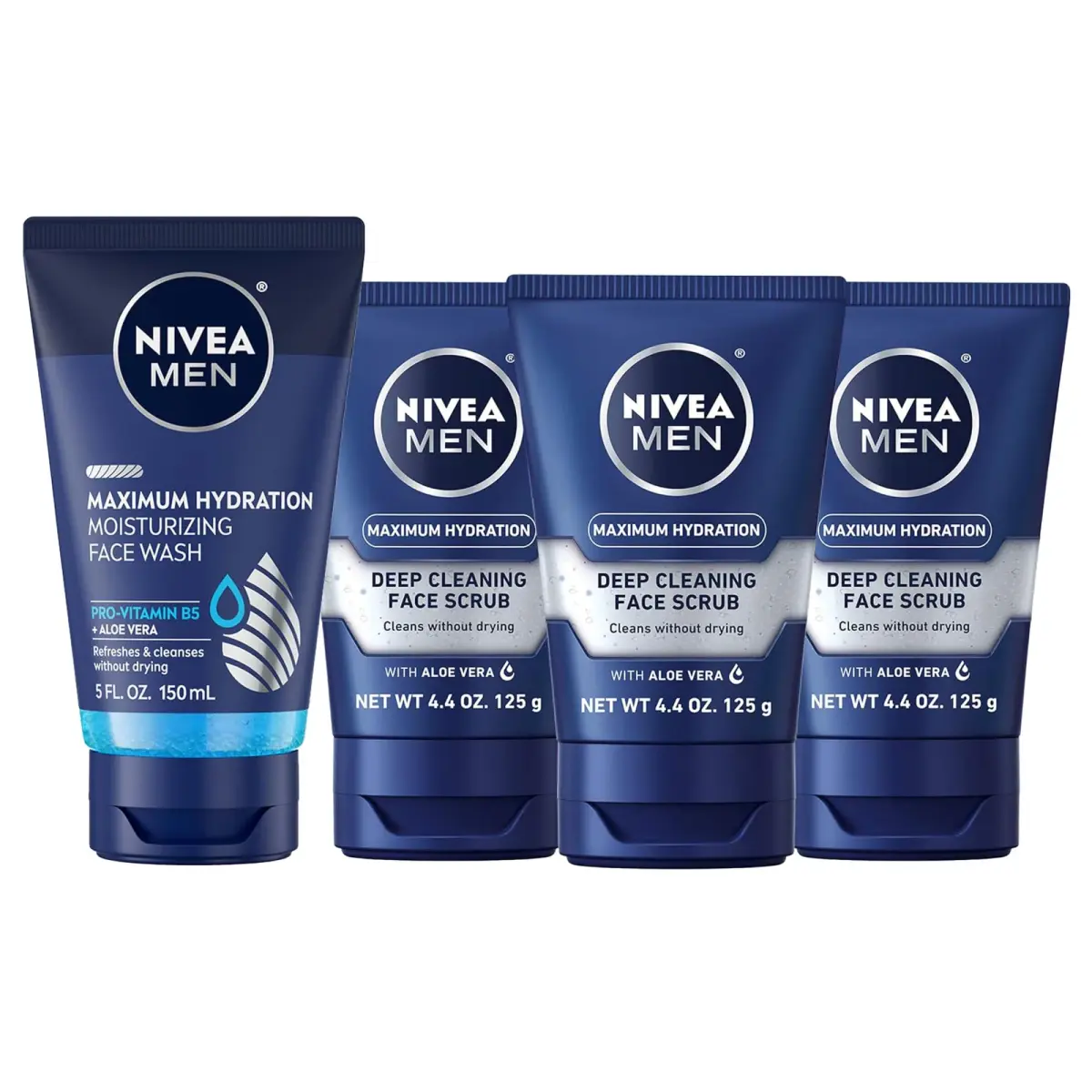 NIVEA MEN Maximum Hydration Face Wash & Scrub Set | 5 Fl Oz Face Wash, 3x4.4 Oz Face Scrub - main product image