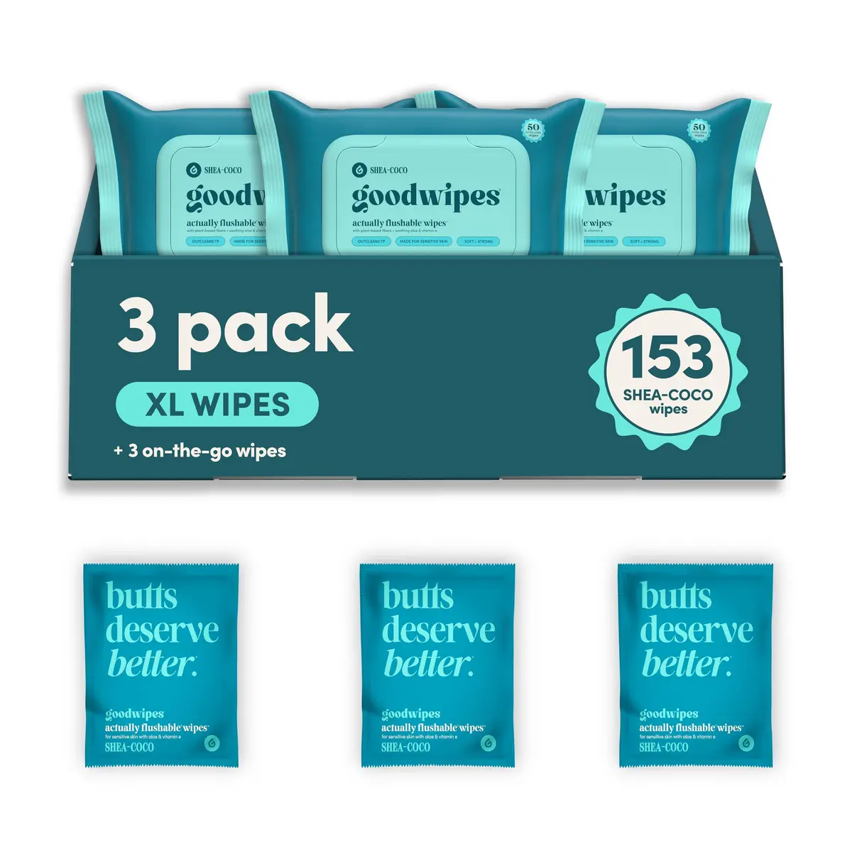 goodwipes Flushable Wipes Shea Coco XL Size | Septic Safe & Plant-Based (153 Count) - main product image