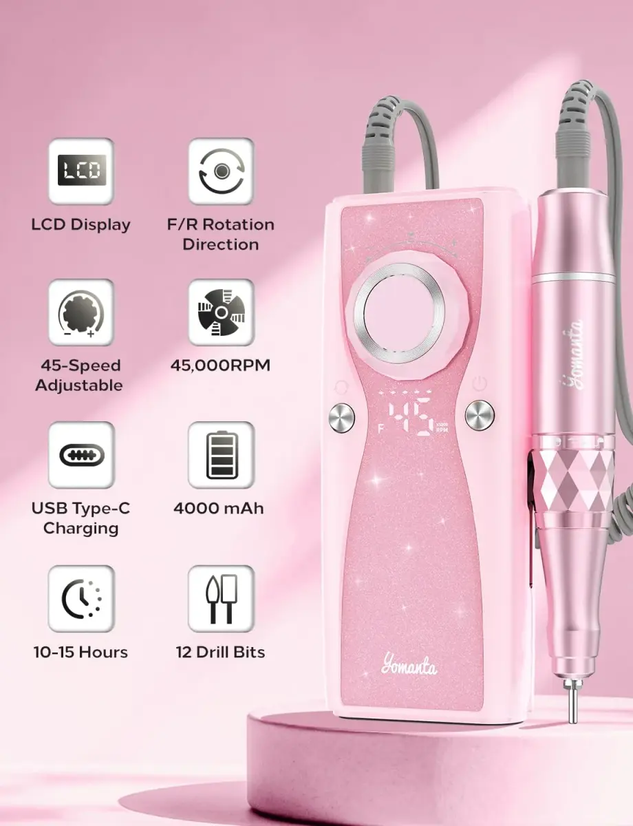 Yomanta Electric Nail Drill Professional Kit 45000 RPM USB Rechargeable Efile Nail File with 12 Bits | Salon & Home Manicure Tool - view 3
