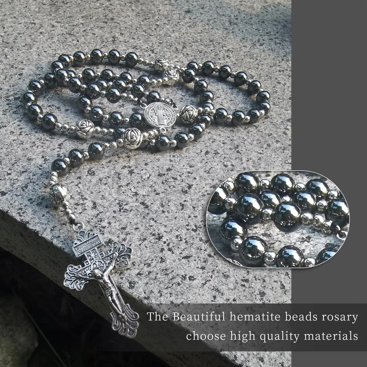 LinZengYo Hematite Rosary Necklace 18.9in (48cm) | Catholic Prayer Beads for Men & Women - view 6