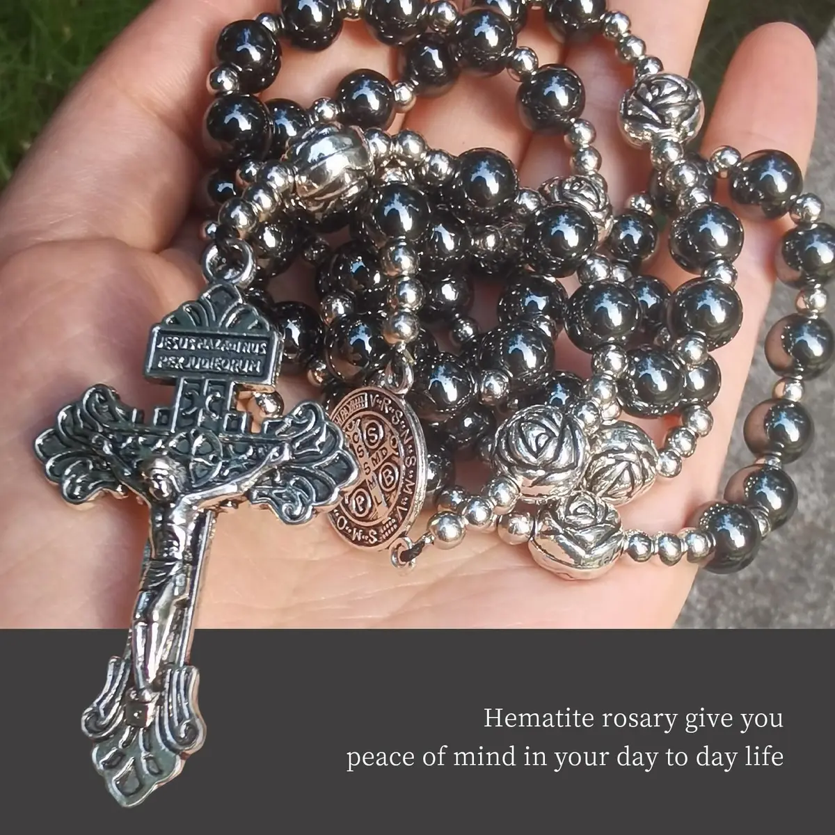 LinZengYo Hematite Rosary Necklace 18.9in (48cm) | Catholic Prayer Beads for Men & Women - view 3