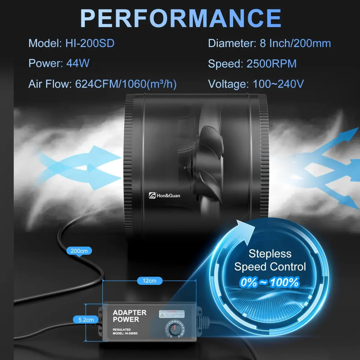 Hon&Guan 8 Inch Inline Booster Duct Fan with Speed Controller | 623 CFM Airflow, 44W Low Power, 45 dBA Noise - view 6