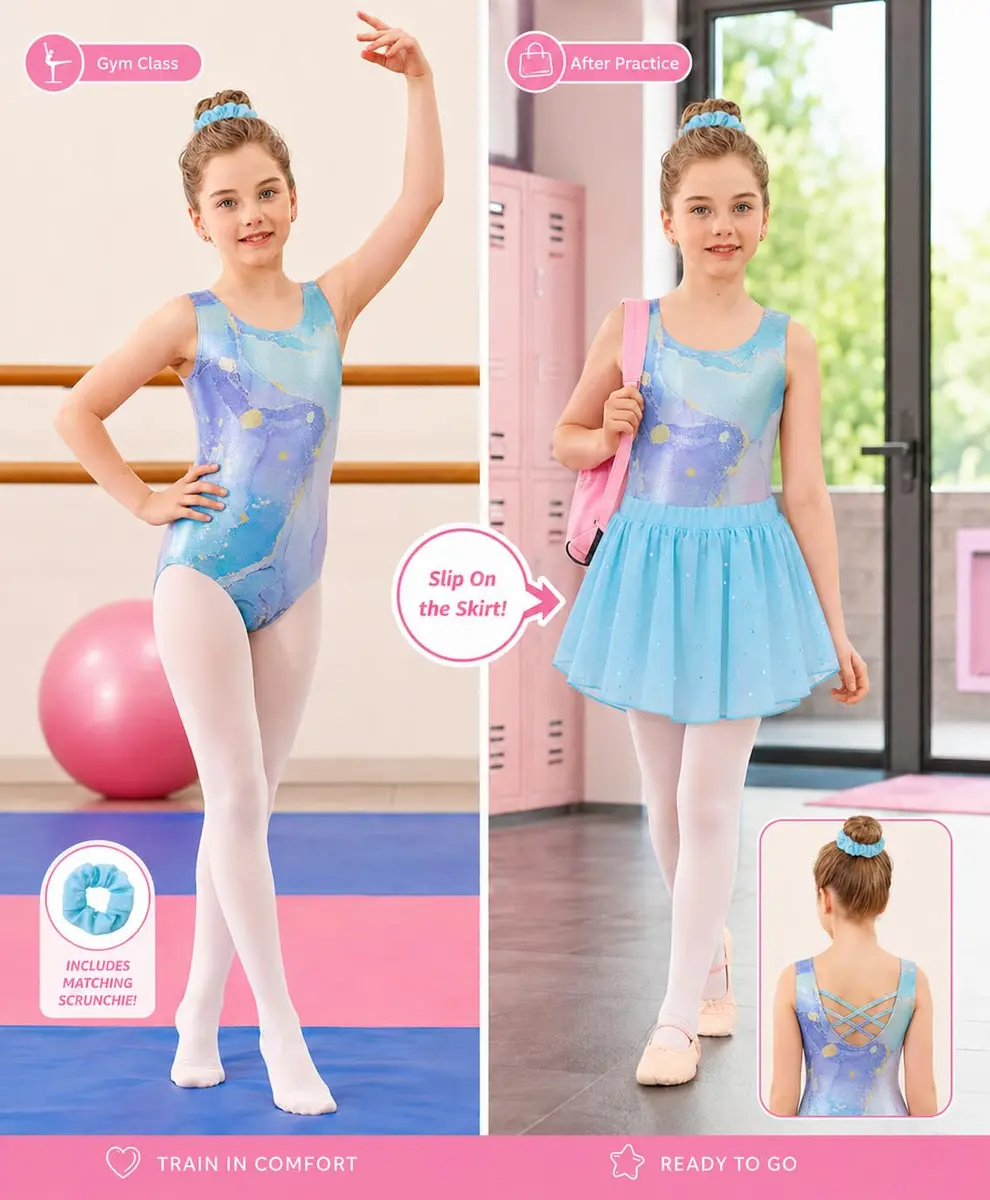 Idgreatim Girls Gymnastics Leotards 3-Piece Outfit Aqua Marble 6-7 Years | Complete Set for Dance & Play - view 2