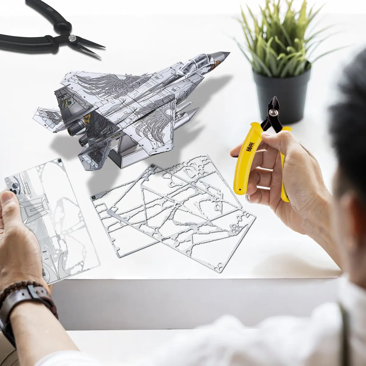 Piececool American F-15 Fighter Metal Airplane Model Kit | 84 Pieces, Stainless Steel - view 6