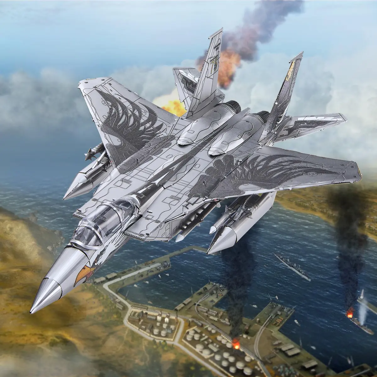 Piececool American F-15 Fighter Metal Airplane Model Kit | 84 Pieces, Stainless Steel - view 3