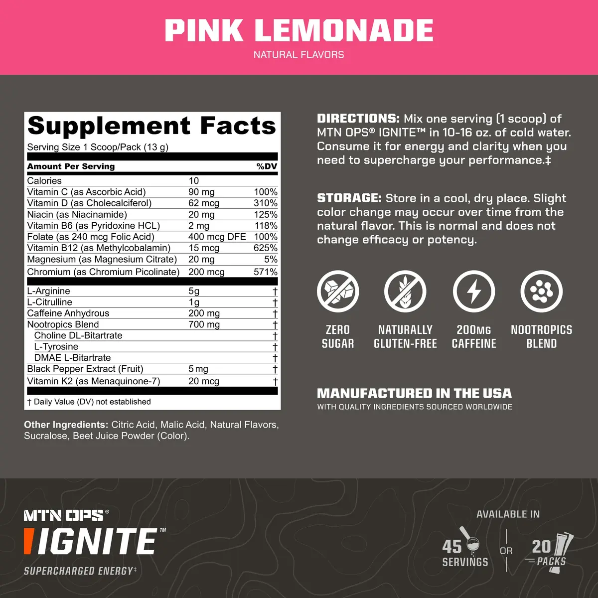 MTN OPS Ignite Energy Powder, Pink Lemonade | Sugar-Free, 45 Servings, Gluten-Free, Caffeine & Nootropic Support - view 2