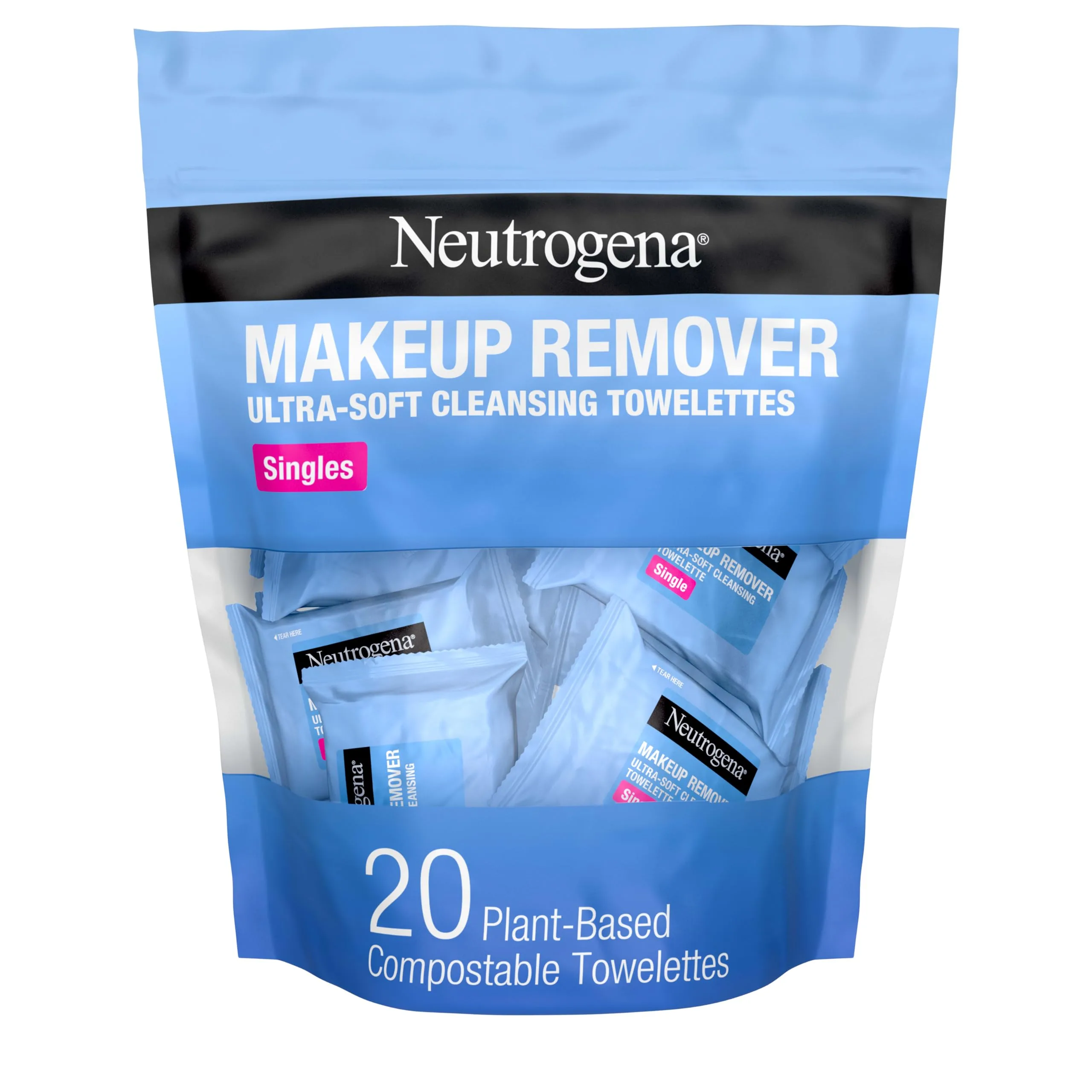 Neutrogena Makeup Remover Cleansing Towelettes Singles, 20-Count | Individually Wrapped for Freshness - main product image