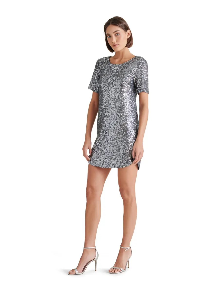Steve Madden Apparel Marcella Dress, Silver Grey, Small | Sequin T-Shirt Dress for Casual Wear - view 3
