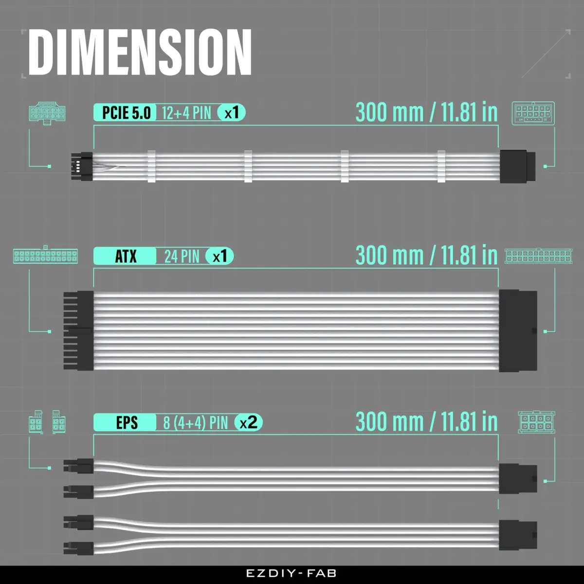 EZDIY-FAB 12VHPWR PSU Extension Kit 300mm (11.8") | 1x24-Pin ATX, 2x8-Pin EPS, 1x12+4 Pin GPU, White - view 2
