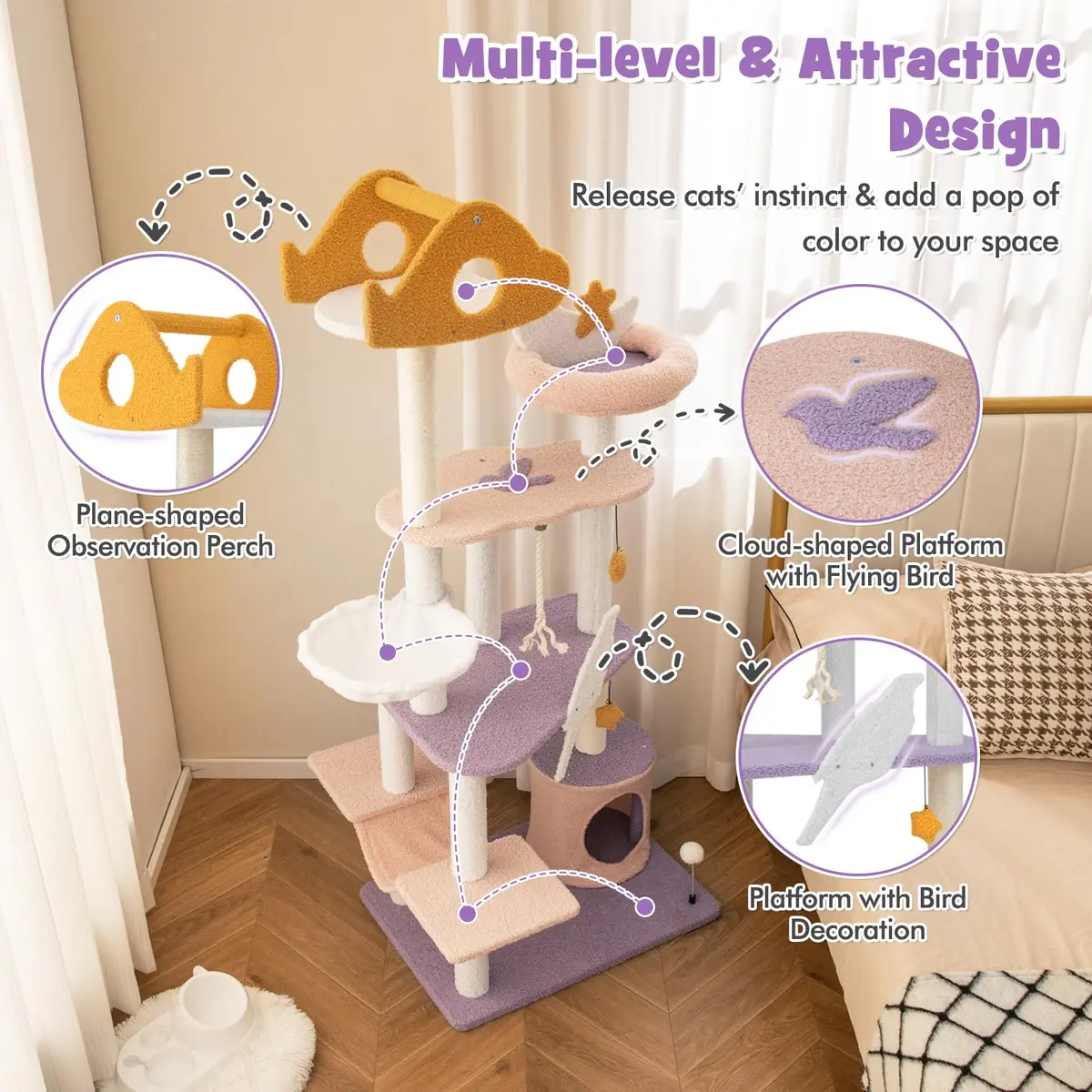 PETSITE Cat Tree Tower 66 Inch | Multi-Level Modern Cat Furniture with Sisal Posts & Playful Design - view 3