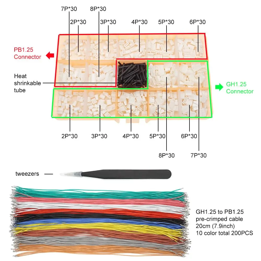 elechawk GH1.25 to PB1.25 Pre-Crimped Cables and Connectors Kit 200pcs (20cm) | For Pixhawk Cube & Drone Flight Controllers - view 3