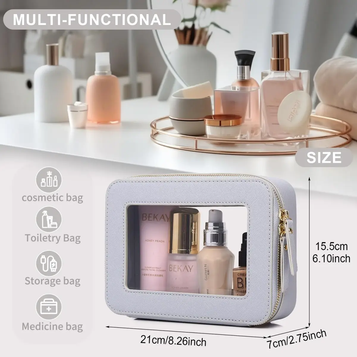 Pinkmik Medium D/Gray Clear Makeup Bag (Cosmetic Case) - TSA Approved Travel Organizer - view 3
