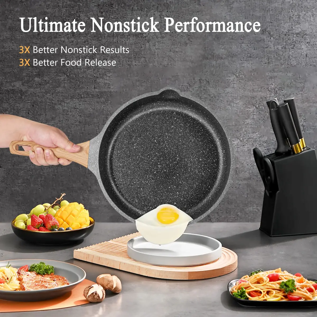 YIIFEEO Non Stick Frying Pan Set with Lids, Granite Skillet Set, 6-Piece (Black) - view 5