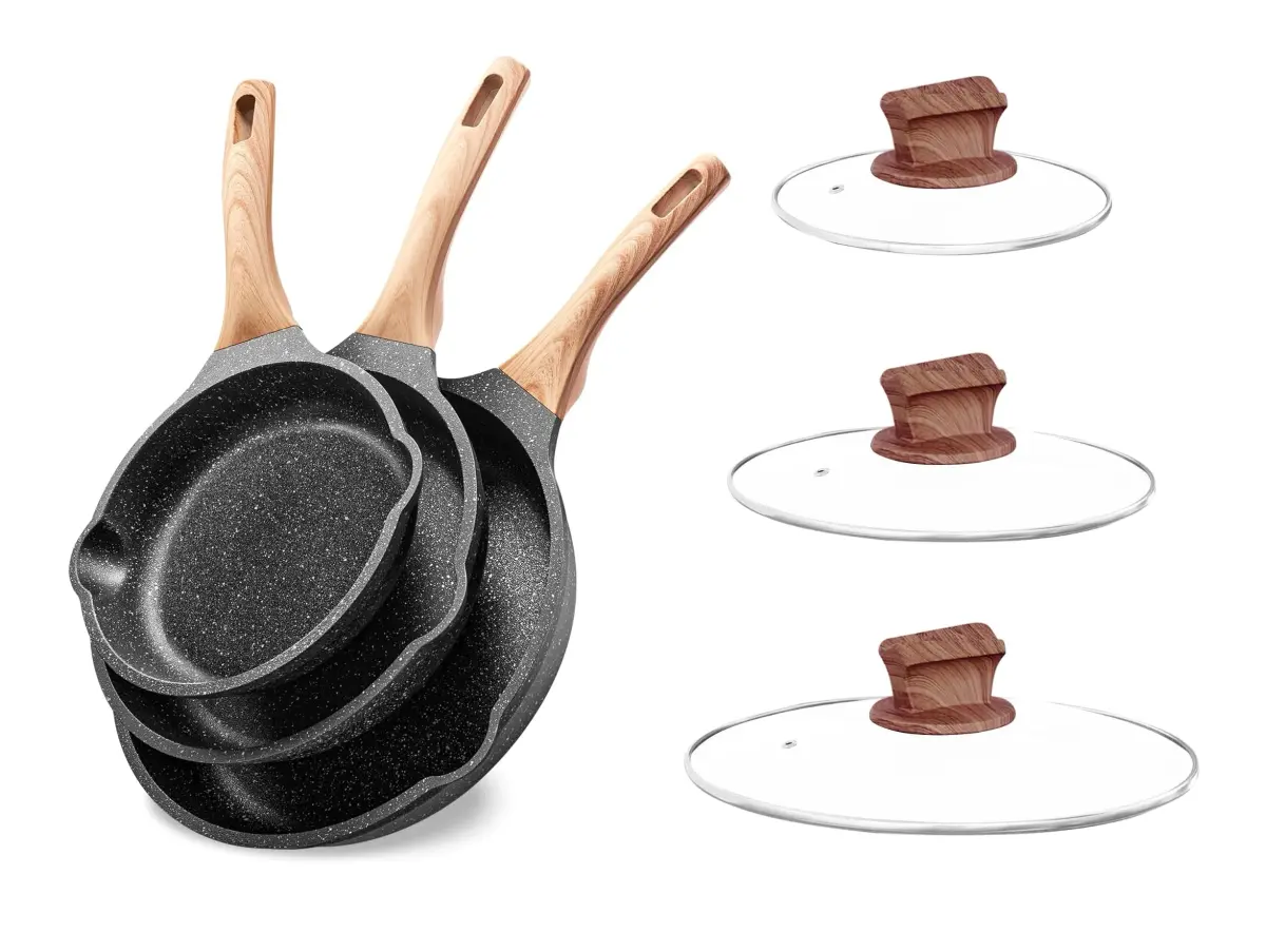 YIIFEEO Non Stick Frying Pan Set with Lids, Granite Skillet Set, 6-Piece (Black) - main product image