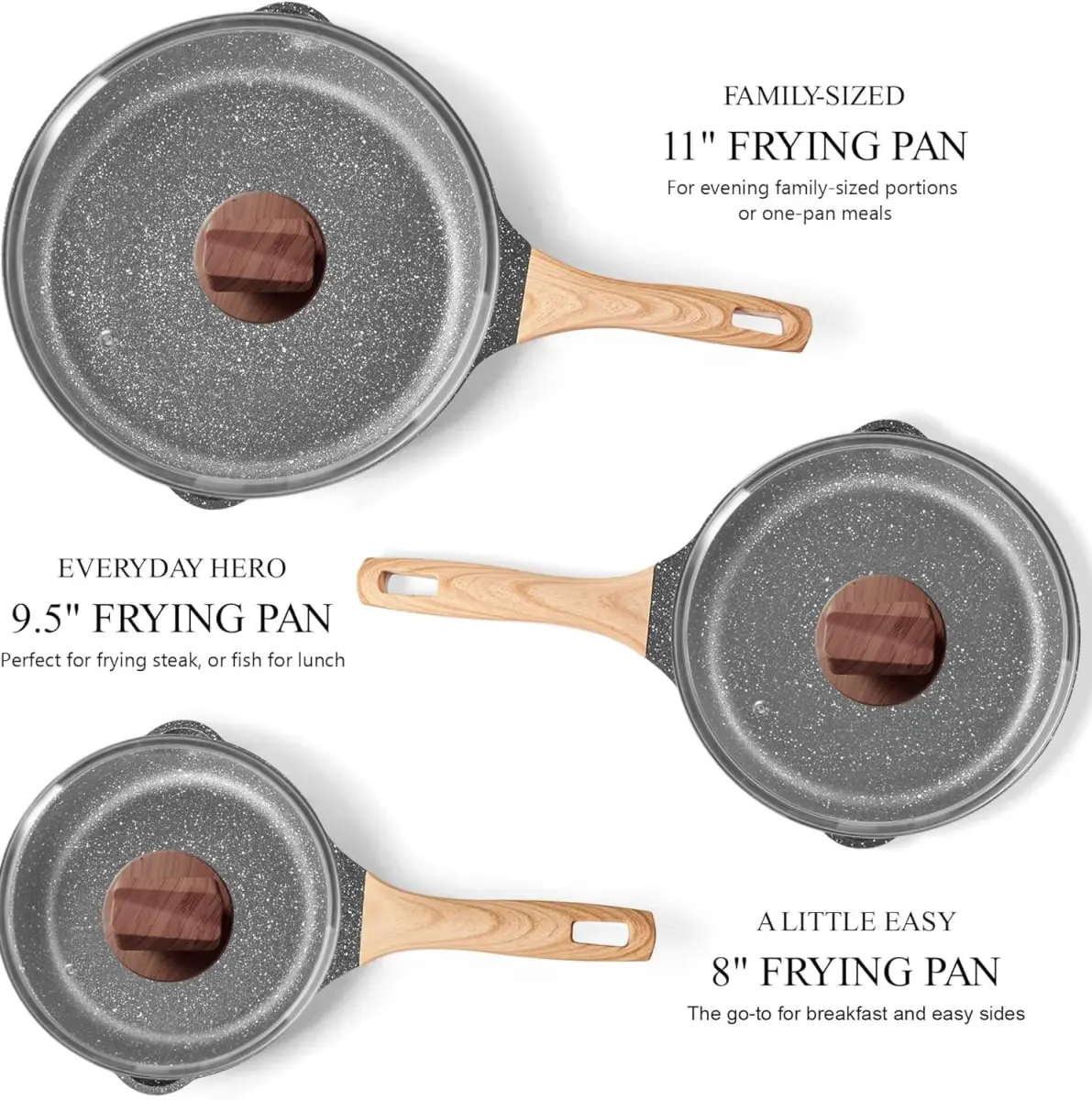 YIIFEEO Non Stick Frying Pan Set with Lids, Granite Skillet Set, 6-Piece (Black) - view 2