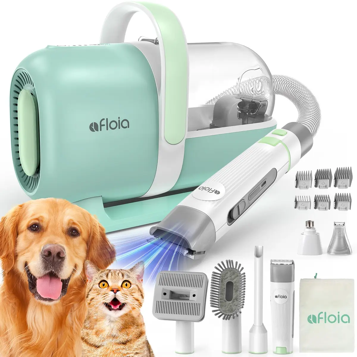 Afloia Pet Grooming Kit - 6-in-1 Dog & Cat Grooming Vacuum & Clippers, Green | All-in-One Home Pet Care - main product image