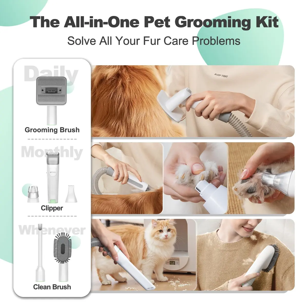 Afloia Pet Grooming Kit - 6-in-1 Dog & Cat Grooming Vacuum & Clippers, Green | All-in-One Home Pet Care - view 2