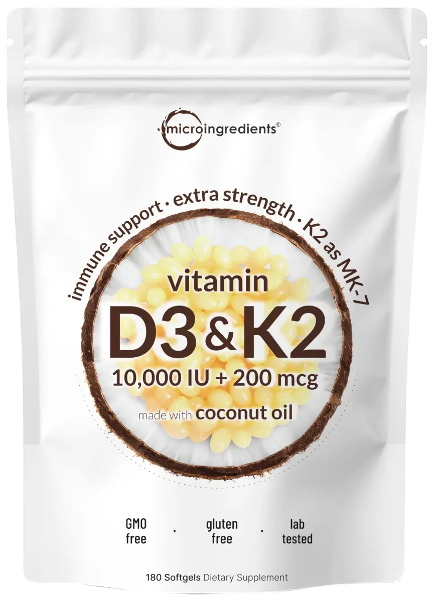 Micro Ingredients Vitamin D3 K2 MK-7 10,000 IU 200mcg 180 Mini Softgels | Bone & Immune Support - main product image