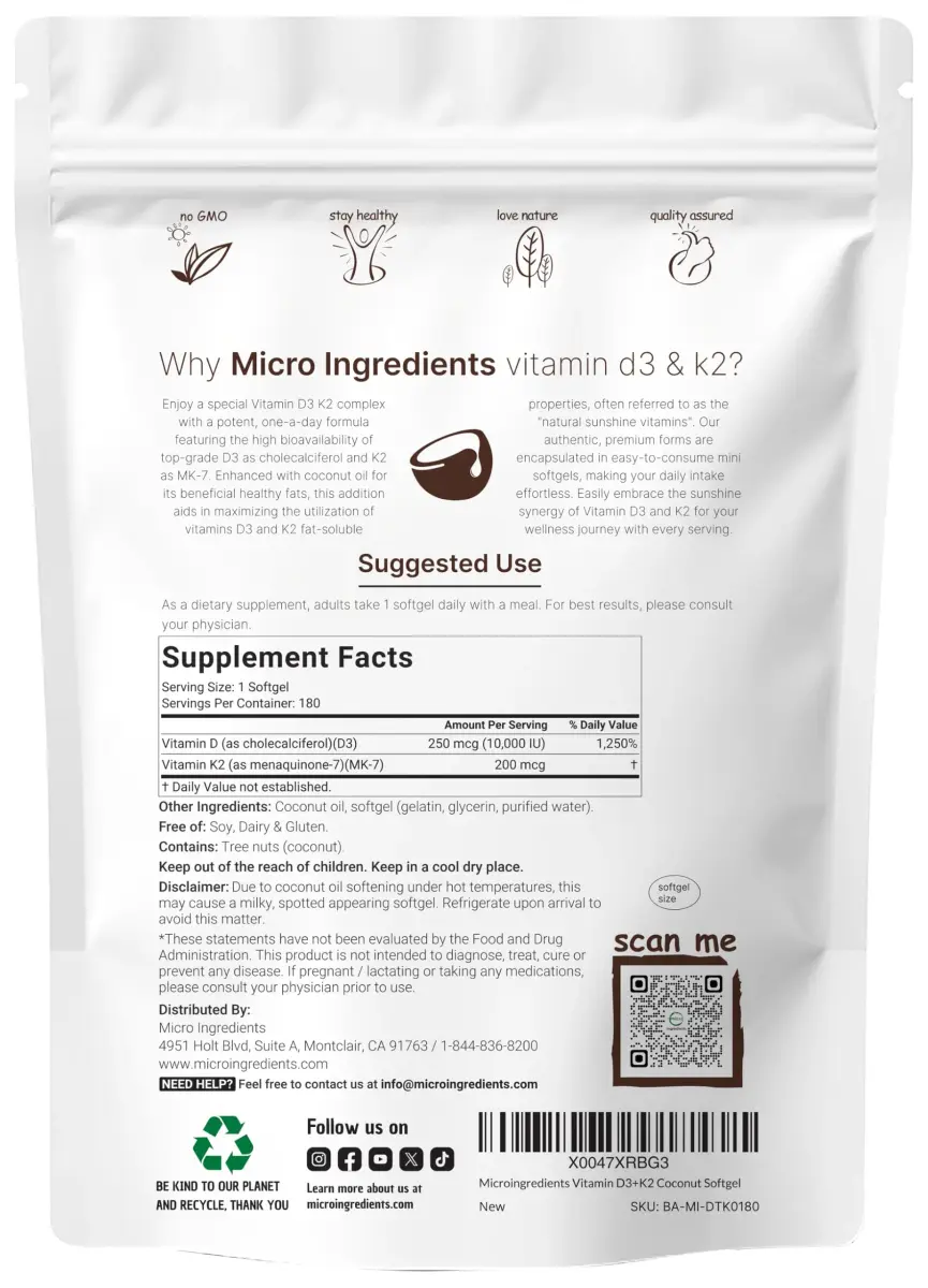 Micro Ingredients Vitamin D3 K2 MK-7 10,000 IU 200mcg 180 Mini Softgels | Bone & Immune Support - view 2