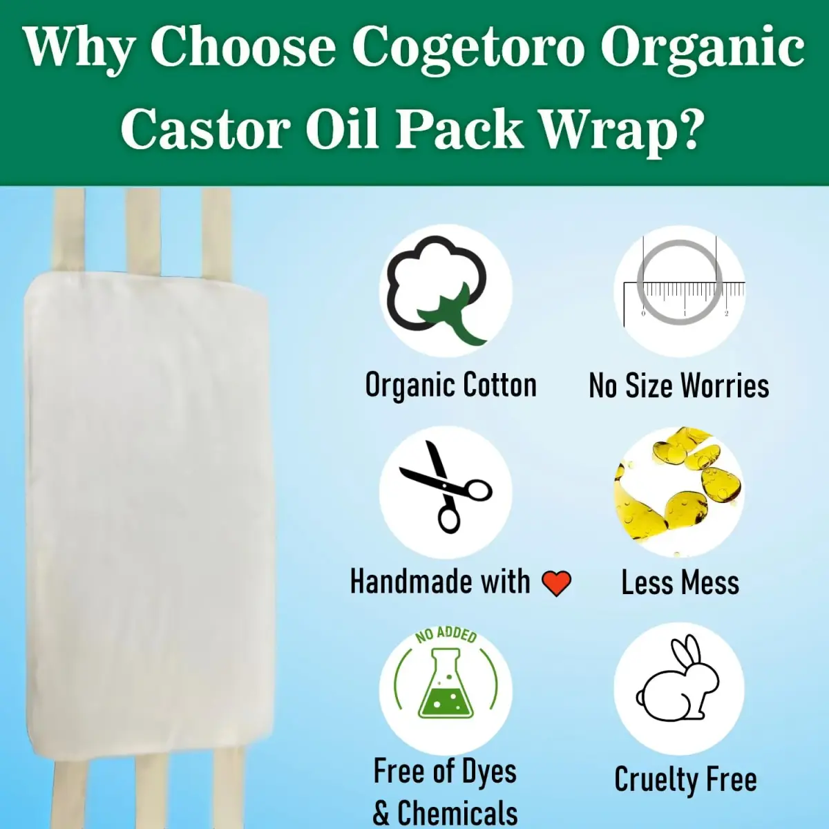 Cogetoro Organic Castor Oil Pack Wrap with 6 Adjustable Straps | Reusable Cotton Compress for Liver Detox & Belly - view 3