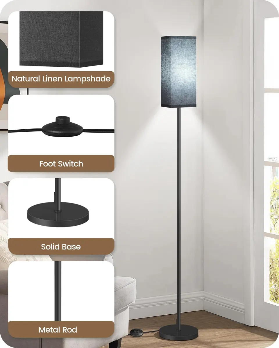 GOEBLESON Floor Lamp, Modern Standing Lamp Shade, 7.9"L x 7.9"W x 64.6"H, Black | Minimalist Living Room Light - view 7