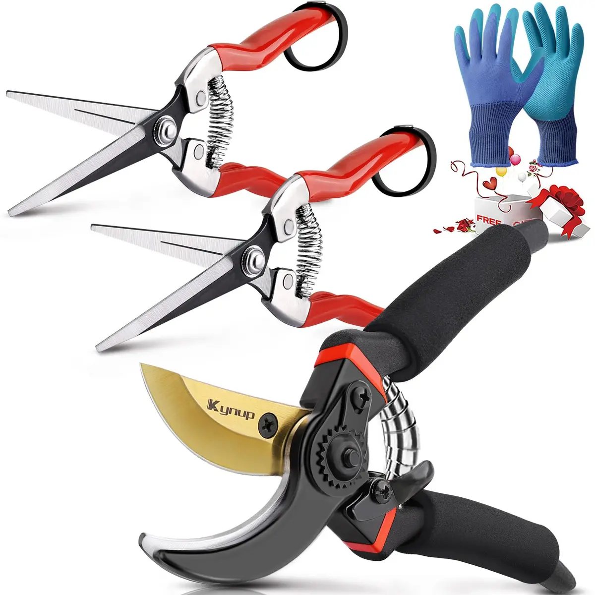 Kynup 3Pack Pruning Shears, Garden Shears, Pruning Shears for Gardening, Gardening Shears Scissors Clippers, Garden Tools Set with Gloves, Stainless Steel, Soft Grip Handle - main product image